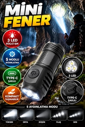 3 LED Mini El Feneri – 5 Modlu Type-C Şarjlı Kompakt Aydınlatma