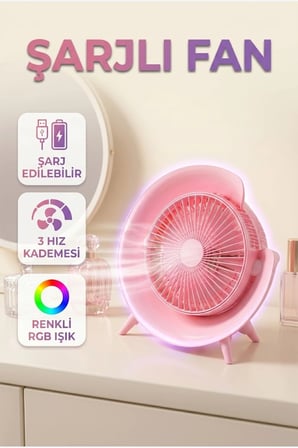 USB Şarjlı Masa Fanı – 3 Hız Kademeli RGB Aydınlatmalı