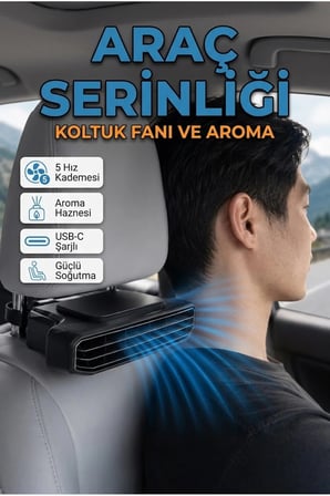 Koltuk Başlığına Monte 5 Kademeli Araç Soğutucu Fan – Aroma Hazneli USB-C Şarjlı