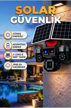 Güneş Enerjili 4 Lensli Akıllı Dış Mekan Güvenlik Kamerası IP66 Su Geçirmez