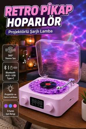 Retro Pikap Tasarımlı Bluetooth Hoparlör Projektörlü Şarjlı Gece Lambası