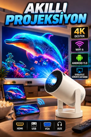 Android 11 Akıllı Projeksiyon – Kablosuz Görüntü Aktarımı HDMI USB VGA Bağlantılı