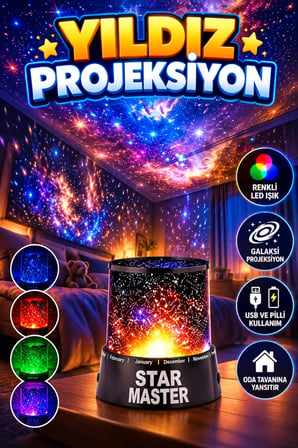 Renkli LED Yıldız Gece Lambası – Galaksi Projeksiyonlu USB ve Pilli