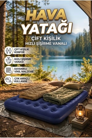 Çift Kişilik Şişme Hava Yatağı Flokeli Yüzey Hızlı Şişirme Vanalı Kamp ve Misafir Yatağı