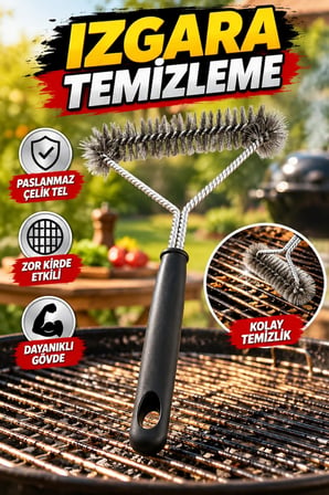 Paslanmaz Çelik Tel Izgara Temizleme Fırçası – Uzun Saplı BBQ ve Mangal Fırçası