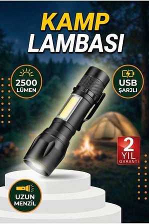 2500 Lümen COB LED USB Şarjlı Uzun Menzilli El Feneri Kamp Lambası