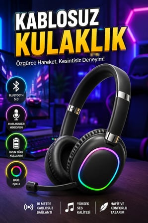 Ayarlanabilir Mikrofonlu Bluetooth 5.0 Kulak Üstü Kablosuz Kulaklık – RGB Işıklı