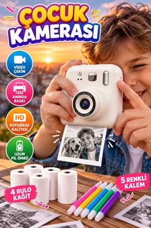 Eğlenceli Baskılı Çocuk Fotoğraf Makinesi Video Çekim Kamerası 4 Rulo Kağıt ve 5 Kalem Set