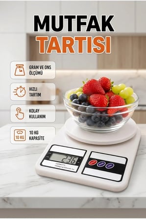 Beyaz Dijital Mutfak Terazisi 10 Kg Hassas Ölçüm LCD Ekranlı