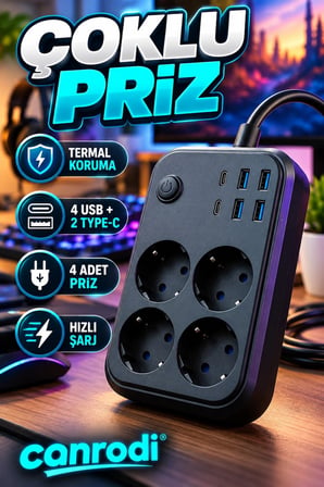 Termal Korumalı Çoklu Uzatma Prizi – 4 Priz, 4 USB ve 2 Type-C Hızlı Şarj