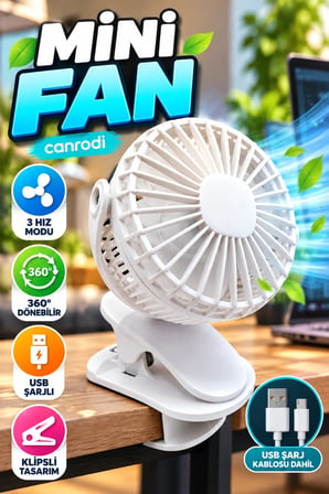 3 Hız Modlu 360° Dönebilen Klipsli USB Şarjlı Mini Fan