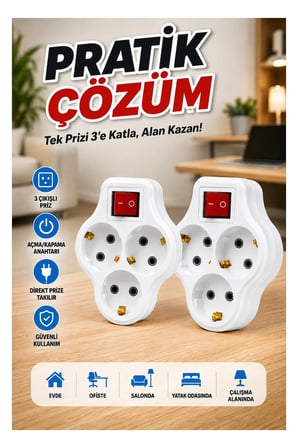 Anahtarlı 3’lü Priz Çoğaltıcı – Direkt Takılan Kablosuz 2’li Set