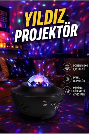 Bluetooth Hoparlörlü Yıldız Projektör Gece Lambası Dönen Okyanus Efekti USB Destekli Ses Tepkili