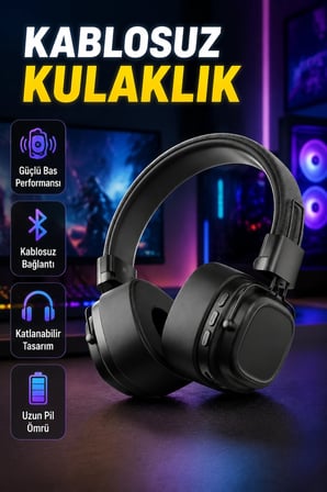 Katlanabilir Kablosuz Bluetooth Kulak Üstü Kulaklık – Güçlü Bas ve Ayarlanabilir Tasarım