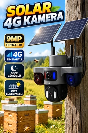 Solar 4G Güvenlik Kamerası 9MP 3 Lensli Çift Güneş Panelli Gece Görüşlü