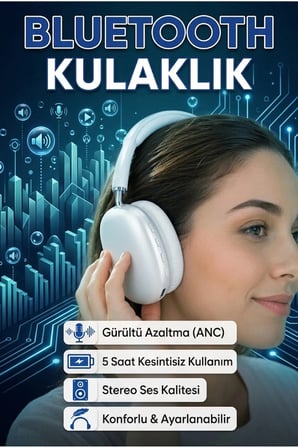 Kablosuz Bluetooth Kulaklık Stereo Ses ve Gürültü Azaltma Özellikli 5 Saat Kullanım