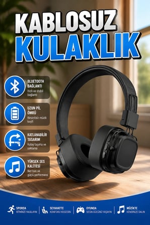 Katlanabilir Kablosuz Kulak Üstü Bluetooth Müzik Kulaklığı Taşınabilir Tasarım