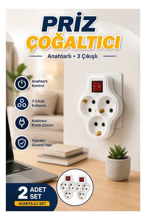 Anahtarlı 3’lü Priz Çoğaltıcı – Kablosuz 2 Adet Set