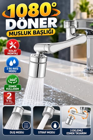 1080° Döner Musluk Ucu – 3 Eklemli Esnek Başlık ve 2 Su Akış Modu