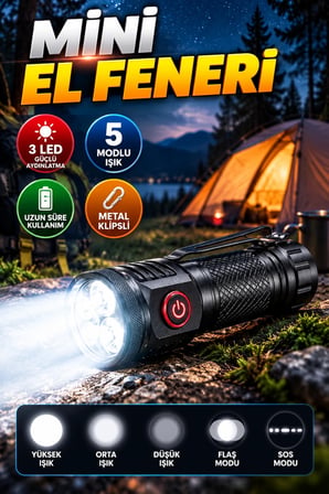 3 LED Mini El Feneri 5 Modlu Güçlü Aydınlatma Metal Klipsli