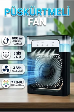 Püskürtmeli Masaüstü Fan – 600 ml Su Haznesi, 5 Sis Çıkışı, 3 Fan Kademesi ve 7 Renk Işık