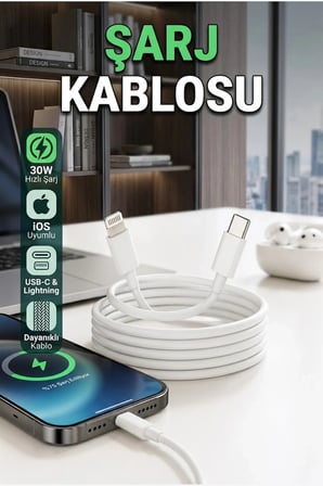 iOS Uyumlu Lightning Şarj Kablosu 30W Hızlı Şarj Destekli iPhone 8 X XS XR 11 12 13 14 Serisi