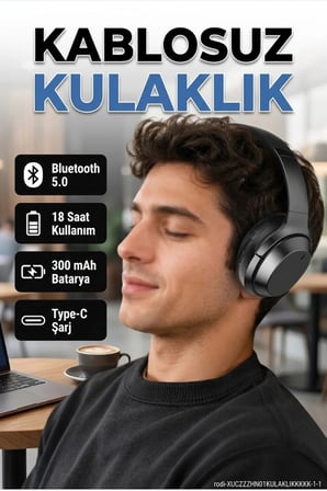Bluetooth 5.0 Kablosuz Kulaklık – 18 Saat Kullanım, 300 mAh Batarya, Type-C Şarj, Siyah