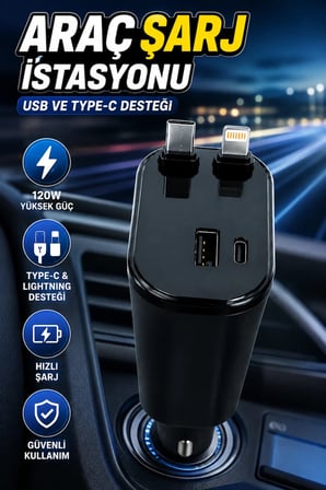 120W Hızlı Şarj Destekli Araç Çakmaklık Şarj Cihazı Type-C ve Lightning Kablolu Çoklu Şarj İstasyonu