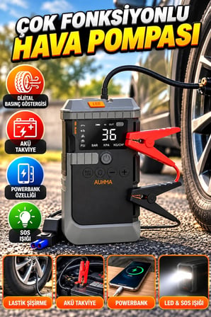 Çok Fonksiyonlu Araç Hava Pompası – Akü Takviye, Powerbank, Dijital Basınç Göstergesi ve SOS Işığı