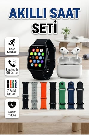 Bluetooth Kulaklıklı Akıllı Saat Seti 7 Kordonlu Spor ve Günlük Kullanım Paketi