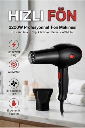 2200W Profesyonel Fön Makinesi AC Motor İki Kademeli Hız ve Sıcaklık Ayarlı