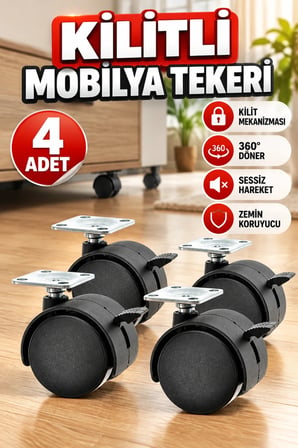 4’lü Kilitli 4 cm Mobilya Tekerlek Ayak Seti – Zemin Koruyucu