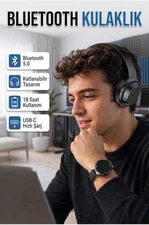 Siyah Bluetooth 5.0 Kulaklık – 18 Saat Kullanım, USB-C Hızlı Şarj ve Katlanabilir Tasarım