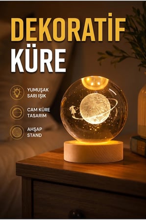 Kız Figürlü Dekoratif Cam Küre – Sarı Işıklı Ahşap Standlı Tasarım