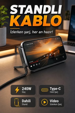 240W Type-C to Type-C Hızlı Şarj Kablosu – Katlanabilir Telefon Standlı