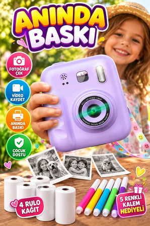 Çocuk Dijital Fotoğraf Makinesi Anında Baskı Özellikli 4 Rulo Kağıt ve 5 Renkli Kalem Hediyeli