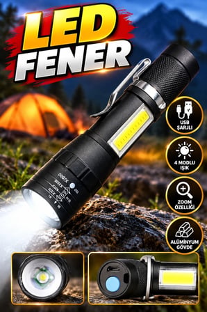 El Feneri LED USB Şarjlı Zoom Mini Işık 4 Modlu Alüminyum Gövdeli Acil Durum Feneri