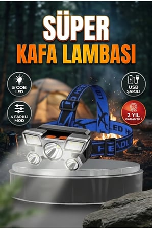 El Feneri Süper Kafa Lambası 4 Modlu 5 COB LED Şarjlı Kafa Feneri