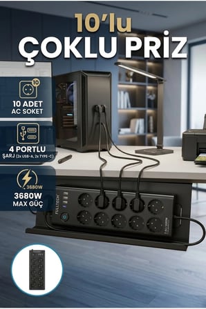 10'lu Çoklu Priz – USB ve Type-C Şarj Bağlantılı