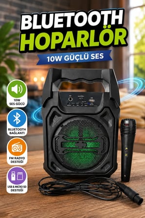 10W Taşınabilir Bluetooth Hoparlör ve Mikrofon – FM Radyo, USB, Micro SD ve TWS