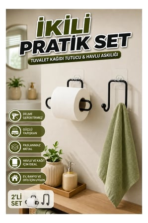 Yapışkanlı Havlu Askısı ve Tuvalet Kağıdı Tutucu – Siyah 2 Parça Set