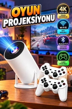 Taşınabilir 4K Projeksiyon ve Oyun Konsolu – Çift Kollu Ayaklı Wi-Fi 6 Bluetooth 5.0