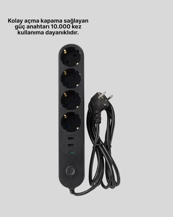 Akım Korumalı 4’lü Çoklu Priz – 2 USB, 1 Type-C, 2500W, 2 Metre Kablo, Siyah