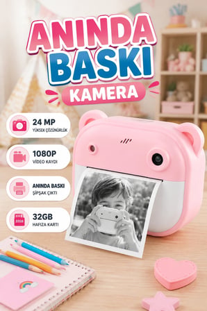 24MP HD Çift Lensli Şipşak Fotoğraf Makinesi 32GB Hafıza ve Anında Baskı Özellikli