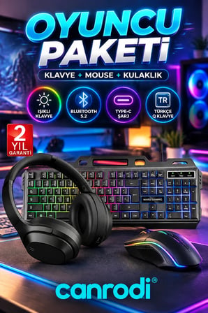 Işıklı Türkçe Q Klavye ve Mouse Seti + Bluetooth 5.2 Type-C Kulaklık Oyuncu Paketi