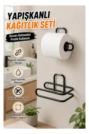 2’li Siyah Yapışkanlı Duvar Tipi Rulo Kağıt Tutucu
