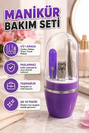 Mor Manikür ve Tırnak Bakım Seti – Cımbız, Makas, Törpü ve Tırnak Makası