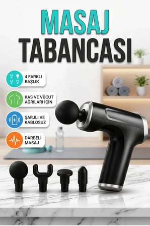 Eragon Şarjlı Masaj Tabancası 4 Başlıklı 6 Hız Ayarlı Darbeli Kas Masaj Cihazı