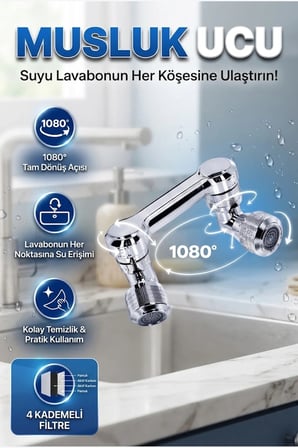 1080° Döner Başlıklı 4 Filtreli Musluk Ucu Mutfak ve Banyo Aparatı