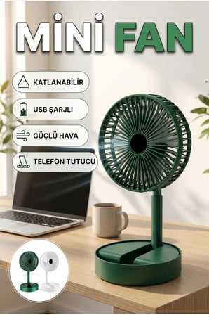 Katlanabilir USB Şarjlı Mini Masaüstü Fan Telefon Tutuculu Pratik Soğutucu